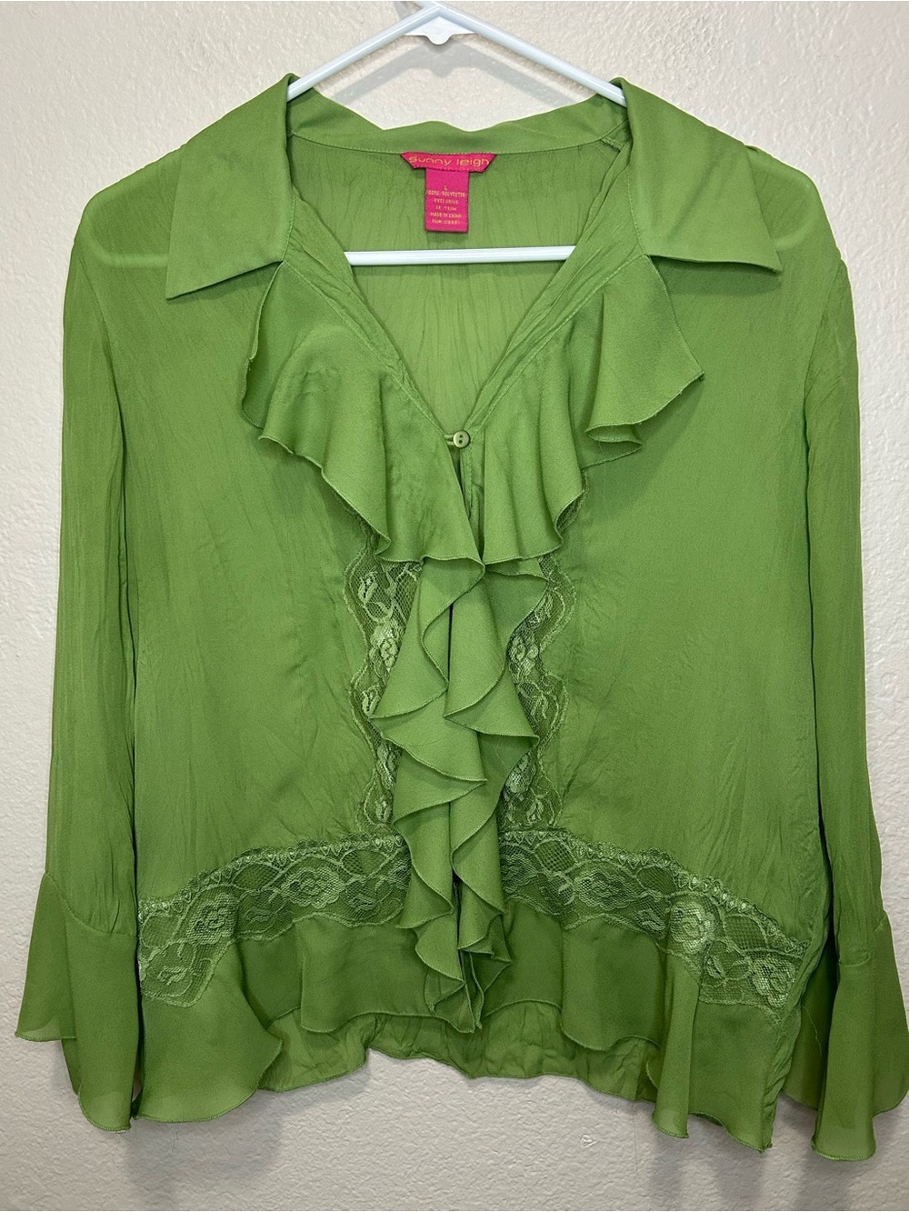 Y2K Sunny Leigh Avocado Green Lace Crinkle Button Blouse Large